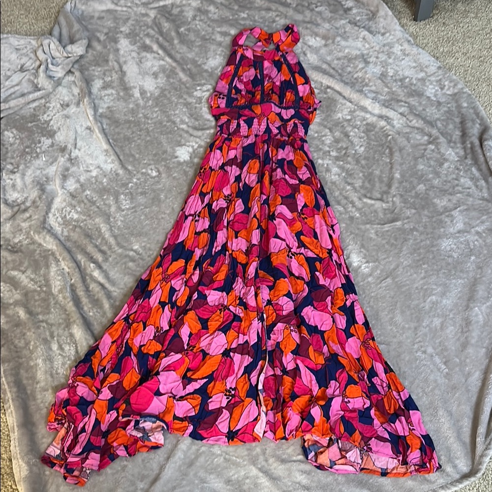Bright Pink & Orange Floral Maxi Dress - Sleeveless Halter